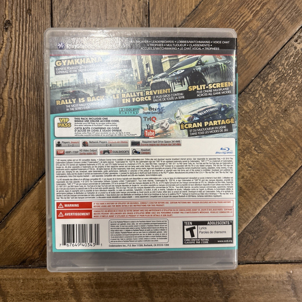 Back of DiRT 3 PlayStation 3 case