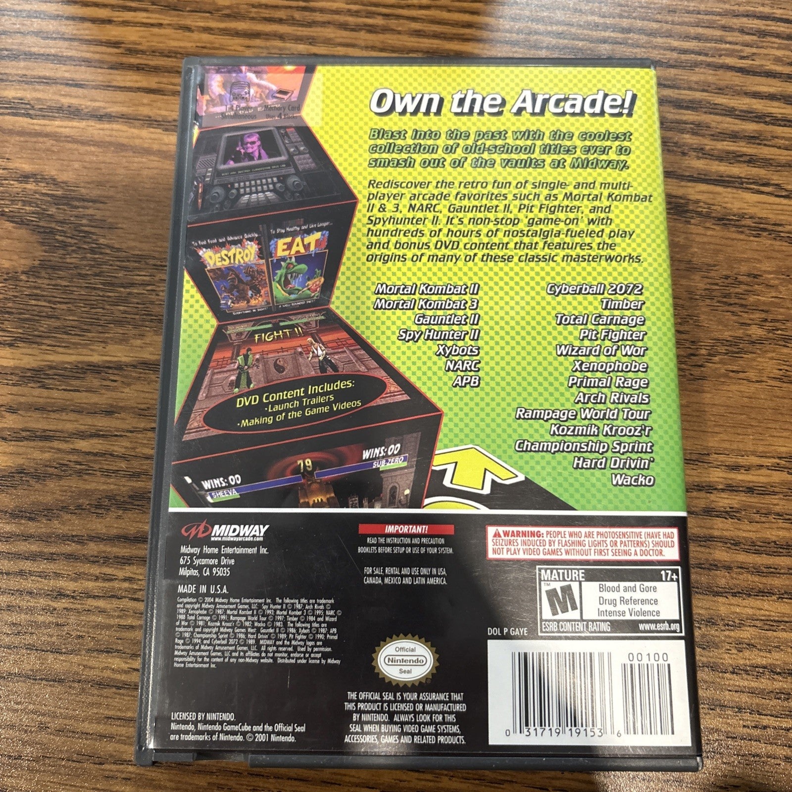 Back of Midway Arcade Treasures GameCube case