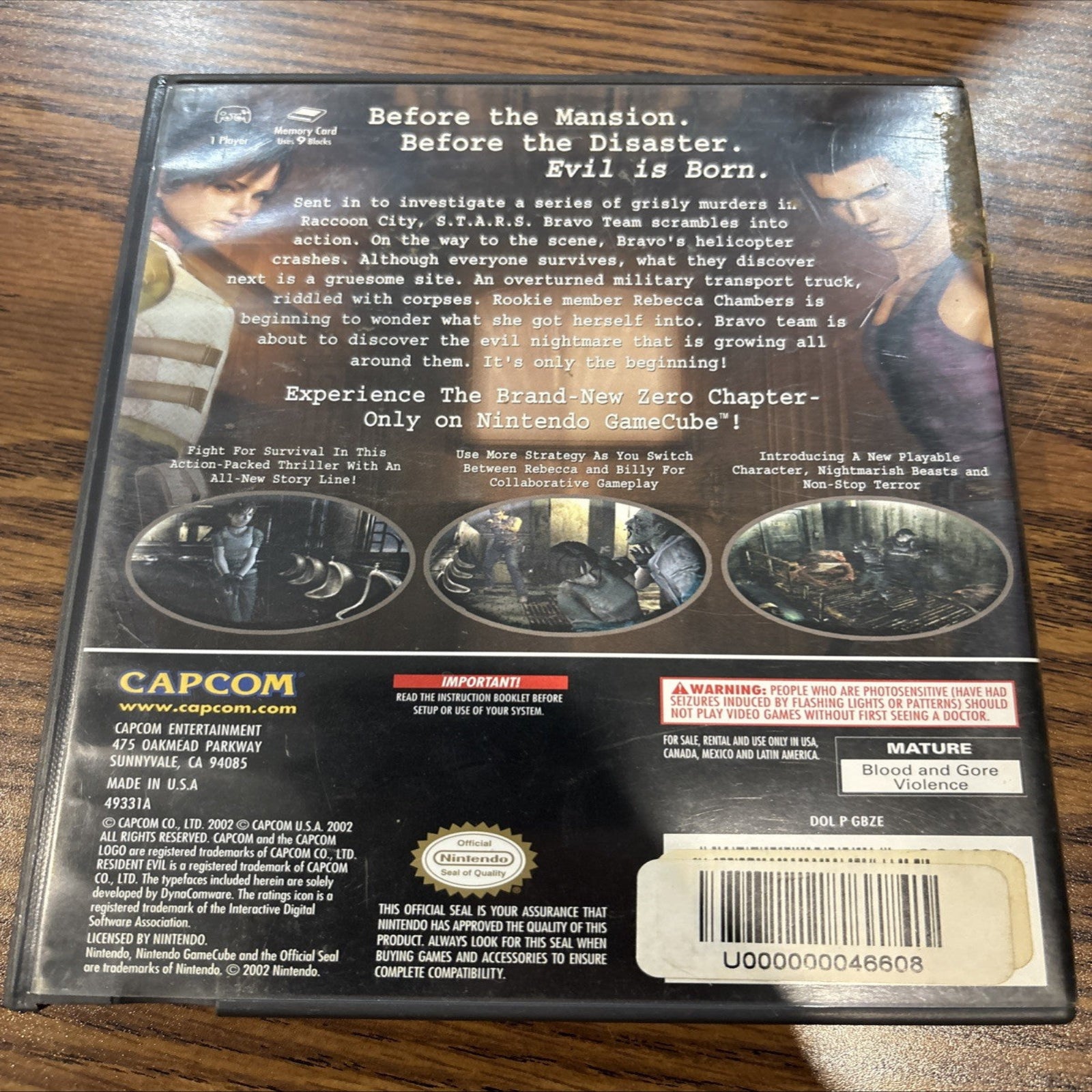 Back of Resident Evil 0 GameCube case