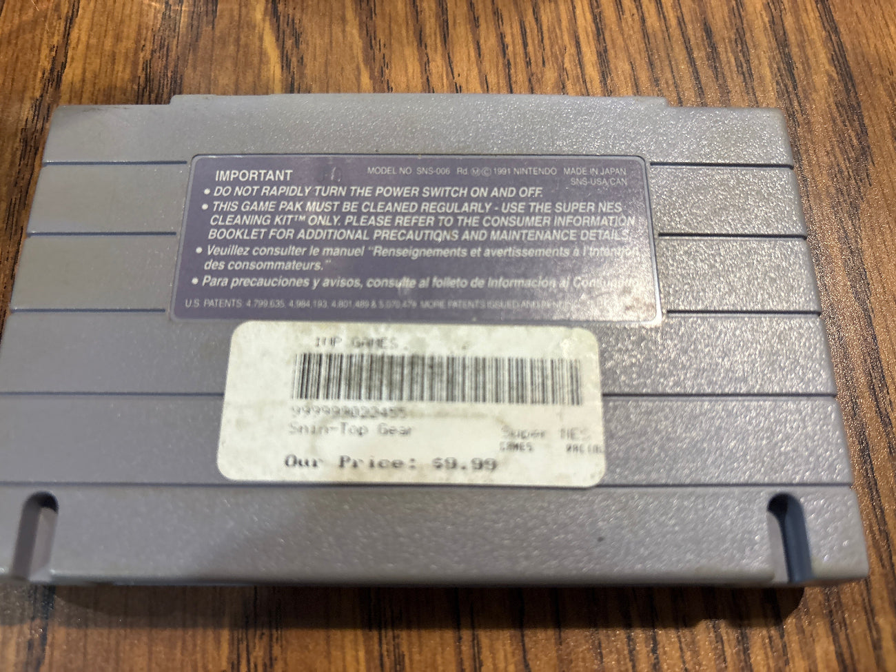 Back of Top Gear Super Nintendo game cartridge
